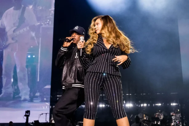 Beyoncé and Jay-Z perform together on stage during the “Morning Dew (Donk)” remix
