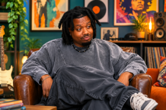 DocturDot sits in a brown leather armchair in a colorful, music-filled room with guitars, vinyl records, and framed art, wearing a washed grey sweatshirt, promoting his genre-bending single "1x4DaWonton."