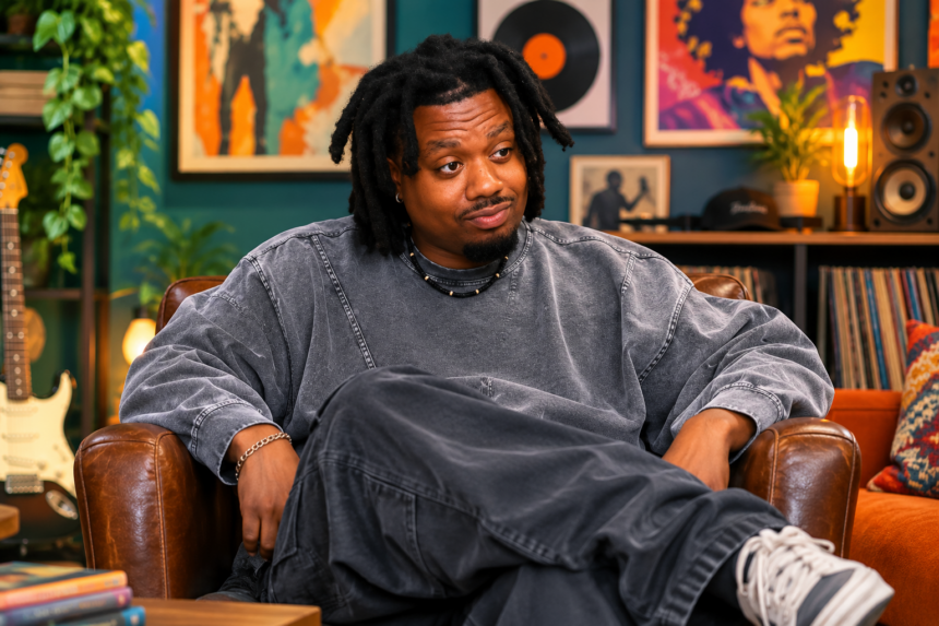 DocturDot sits in a brown leather armchair in a colorful, music-filled room with guitars, vinyl records, and framed art, wearing a washed grey sweatshirt, promoting his genre-bending single "1x4DaWonton."