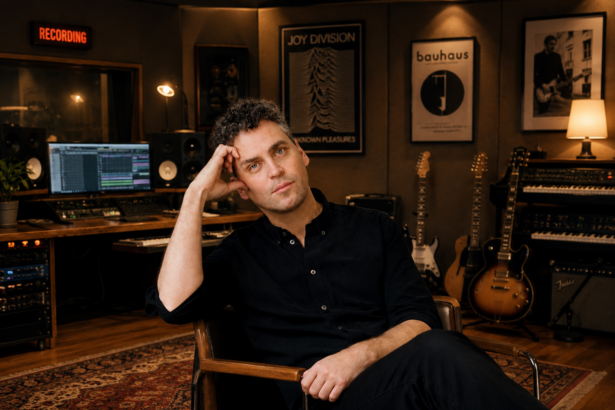 ames Ellis Ford sits in a warmly lit recording studio dressed in black, surrounded by guitars, synths, and framed Joy Division and Bauhaus posters, promoting his second solo album 'Lost In Another World.'