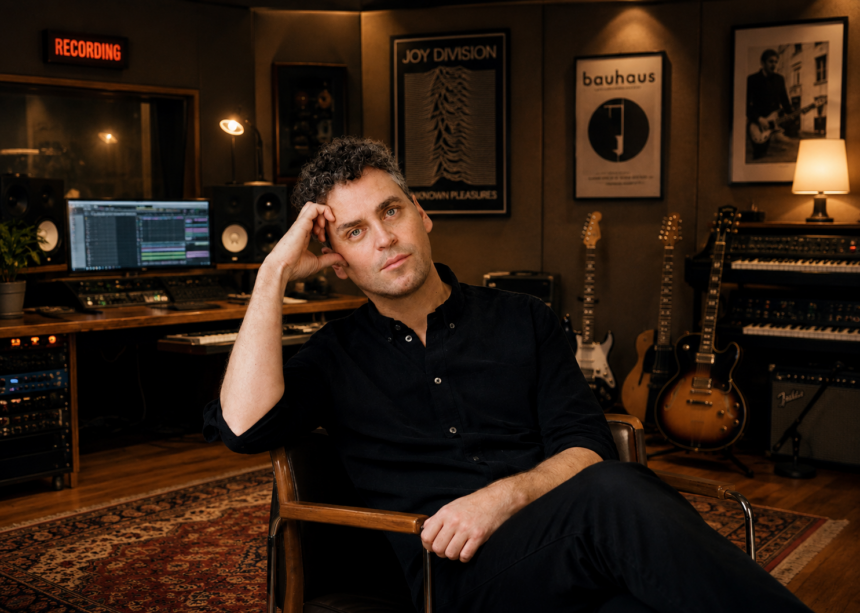 ames Ellis Ford sits in a warmly lit recording studio dressed in black, surrounded by guitars, synths, and framed Joy Division and Bauhaus posters, promoting his second solo album 'Lost In Another World.'