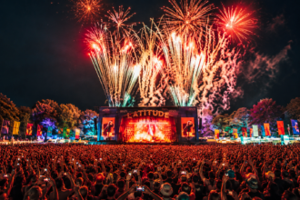 Fireworks erupt over the main stage at Latitude Festival's Henham Park as a massive crowd holds up phones during a headline set at night.