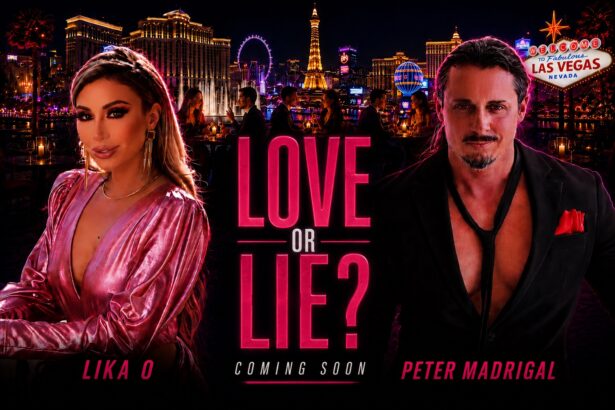 Love or Lie? poster with Lika O and Peter Madrigal, Las Vegas skyline at night