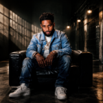 Press image for Pooh Shiesty's album 'All Eyes on Shiest,' showing a rapper in denim and diamond chains seated in a shadowy, jail-cell-lined corridor.