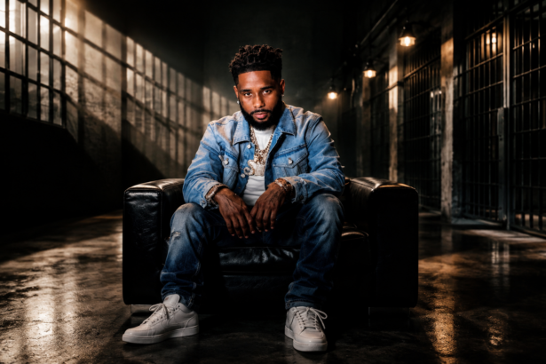 Press image for Pooh Shiesty's album 'All Eyes on Shiest,' showing a rapper in denim and diamond chains seated in a shadowy, jail-cell-lined corridor.