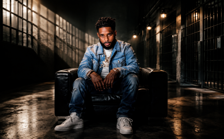 Press image for Pooh Shiesty's album 'All Eyes on Shiest,' showing a rapper in denim and diamond chains seated in a shadowy, jail-cell-lined corridor.