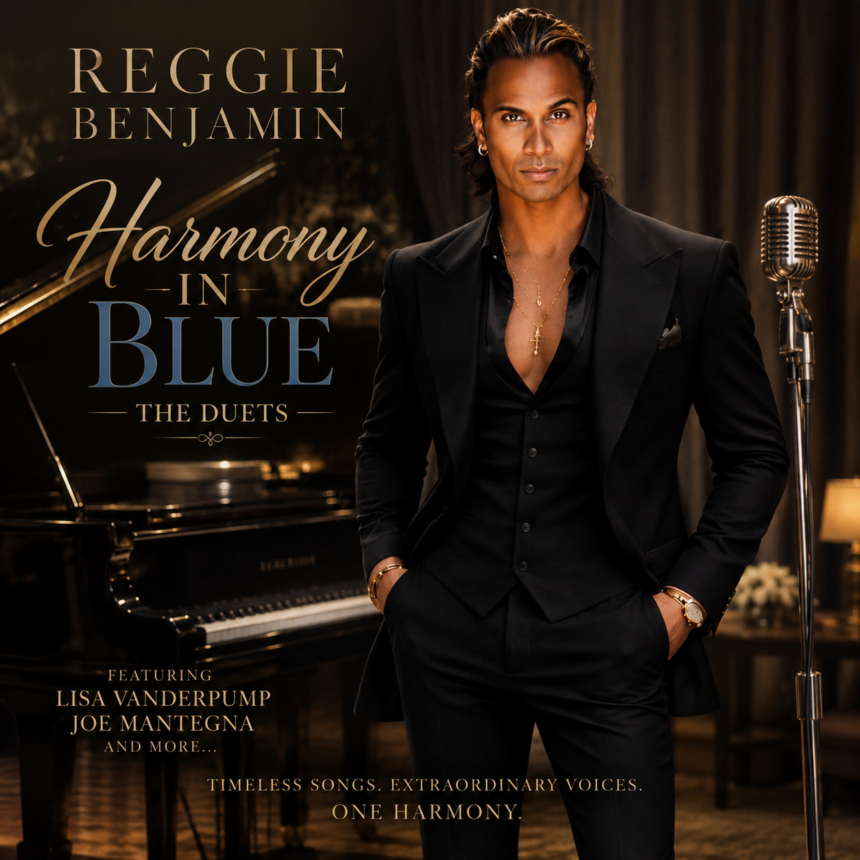 Album cover for Reggie Benjamin's 'Harmony In Blue: The Duets,' showing Benjamin in a black suit beside a grand piano and vintage microphone, featuring Lisa Vanderpump, Joe Mantegna and more.