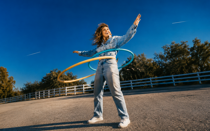 Remi Wolf laughs mid-motion in an all-denim outfit, playing with hula hoops outdoors against a bright blue sky, promoting her new album 'Mud.'