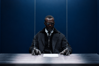 Actress at a metal desk in a blue room, his chainmail-gloved hands attached to wires like a marionette