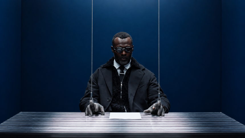 Actress at a metal desk in a blue room, his chainmail-gloved hands attached to wires like a marionette