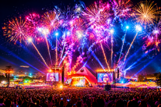 Fireworks erupt in pink, purple and blue over Glastonbury's illuminated Pyramid Stage at night as a massive crowd fills the field at Worthy Farm.