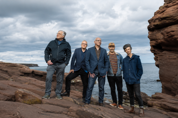 The five members of Teenage Fanclub stand on red sandstone rocks by a grey, overcast sea, in jackets and blazers, looking off in different directions.