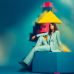 Anna Meredith, in a pale mint suit, sits on a large teal block in front of a stack of pink, yellow and teal geometric shapes against a blurred teal backdrop.
