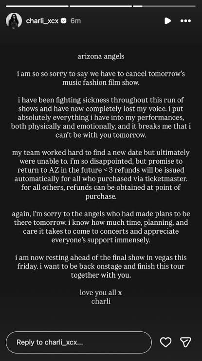 Charli XCX Cancels Arizona Show Due to Illness Charli XCX Cancels Arizona Show Due to Illness