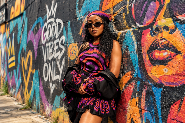 Sampa The Great leans against a weathered brick alley wall in a purple, red and black swirl-print halter dress and matching headband, wearing black cat-eye sunglasses.